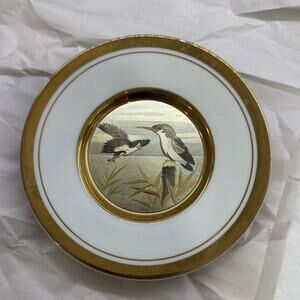 The Art of Chokin 2 Kingfishers 24K Gold Edge Decorative Plate Made in Japan EUC